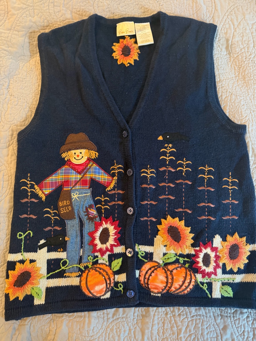 Bobbie Brooks Navy Scarecrow Vest - Sunflower & Pumpkin fall/halloween